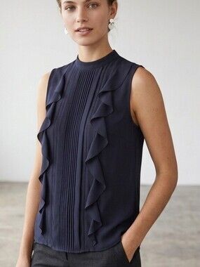 NEW Ann Taylor Navy Ruffle Pintuck Sleeveless Top Sz Size LARGE